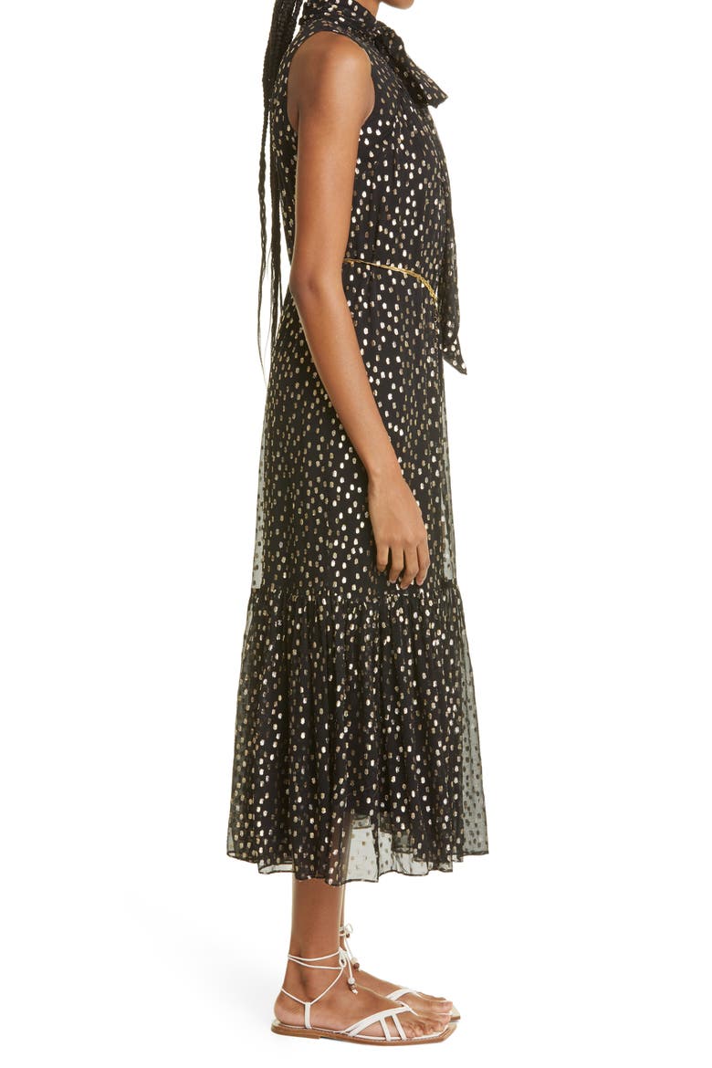 Tie Neck Silk Fil Coupé Midi Dress, Alternate, color, BLACK