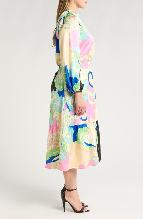 CIEBON CIEBON IRENA PRINT LONG SLEEVE SATIN MIDI DRESS