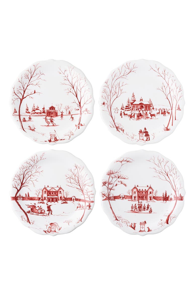 Country Estate Winter Frolic Set of 4 Party Plates, Main, color, RUBY