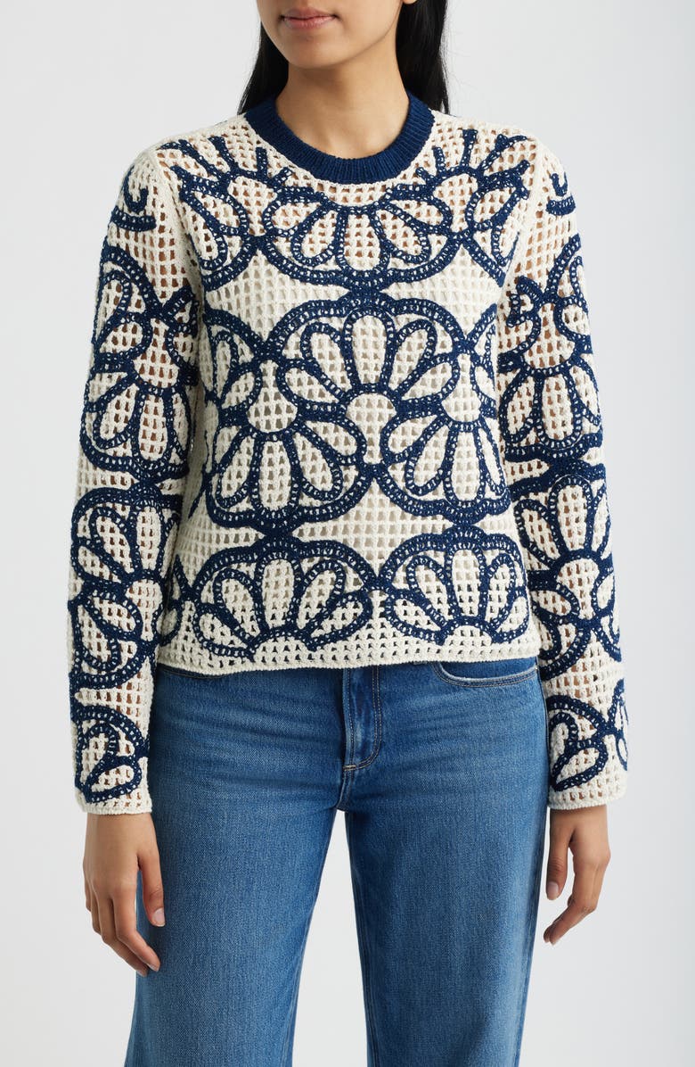 Madewell Rhoda Floral Embroidered Open Stitch Sweater, Main, color, Navy Floral Embroidery