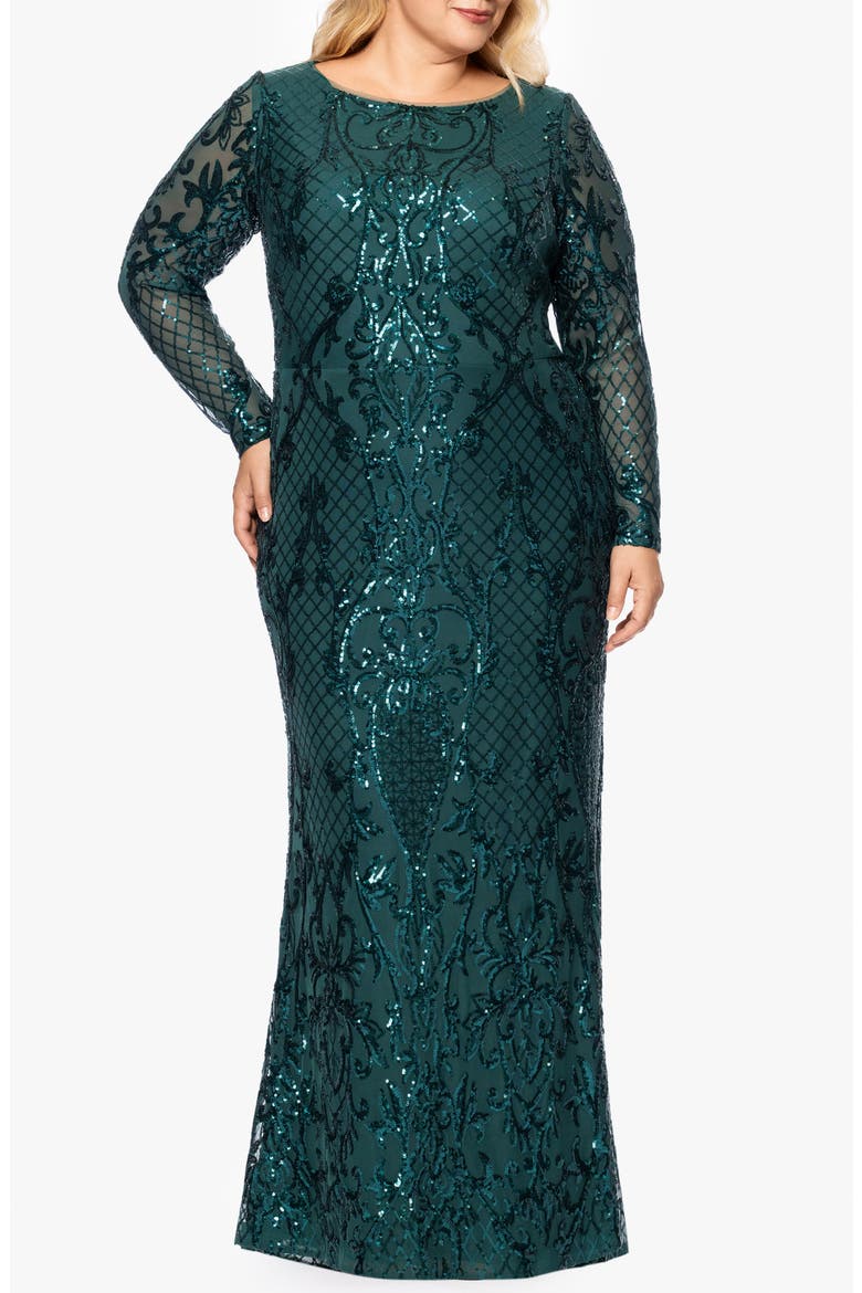 Sequin Long Sleeve Mermaid Gown, Main, color, EMERALD