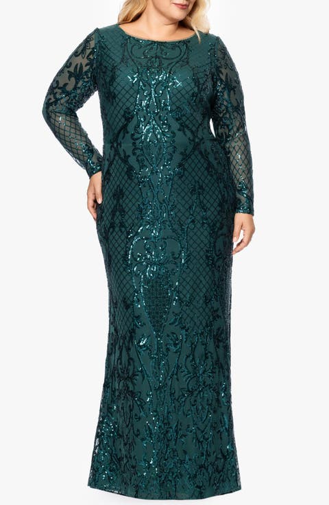 Sequin Long Sleeve Mermaid Gown (Plus)