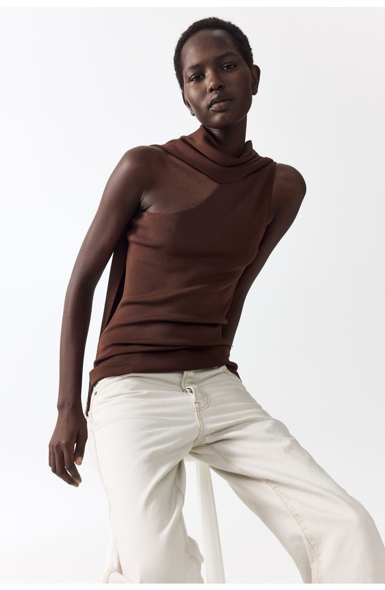 H&M One-shoulder Scarf-detail Knitted Top, Alternate, color, Dark Brown