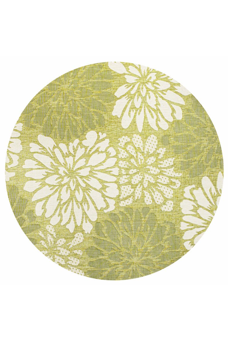 Zinnia Modern Floral Textured Weave Indoor/Outdoor Round Area Rug, Alternate, color, Green/Cream