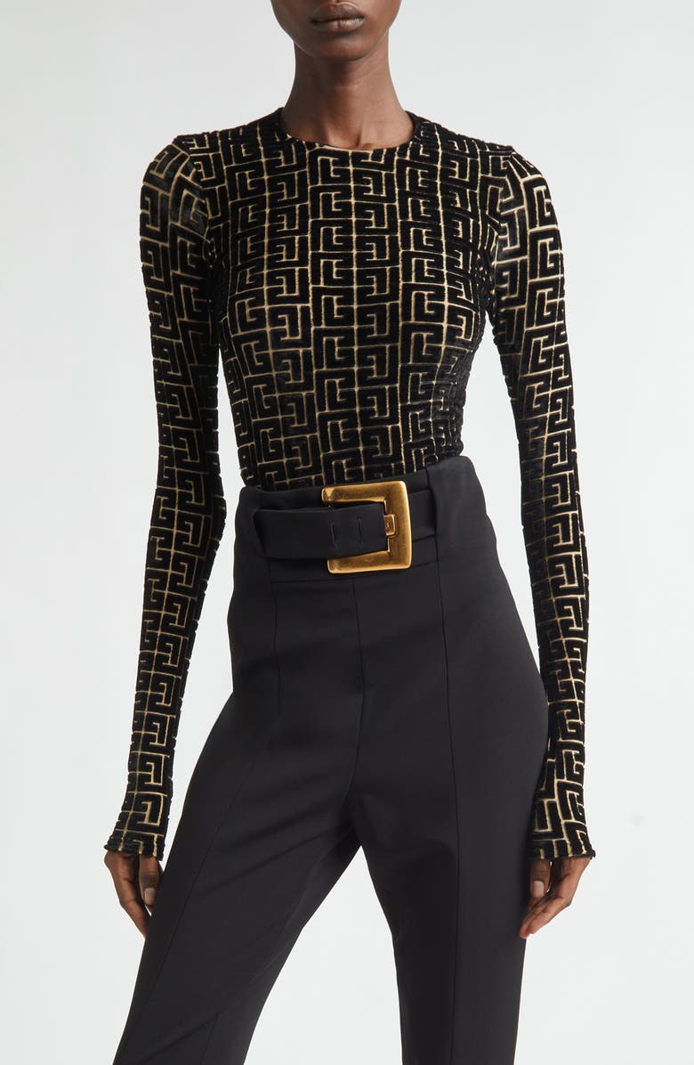 Balmain Monogram Jacquard Devoré Velvet Top, Main, color, Ead Black/ Gold