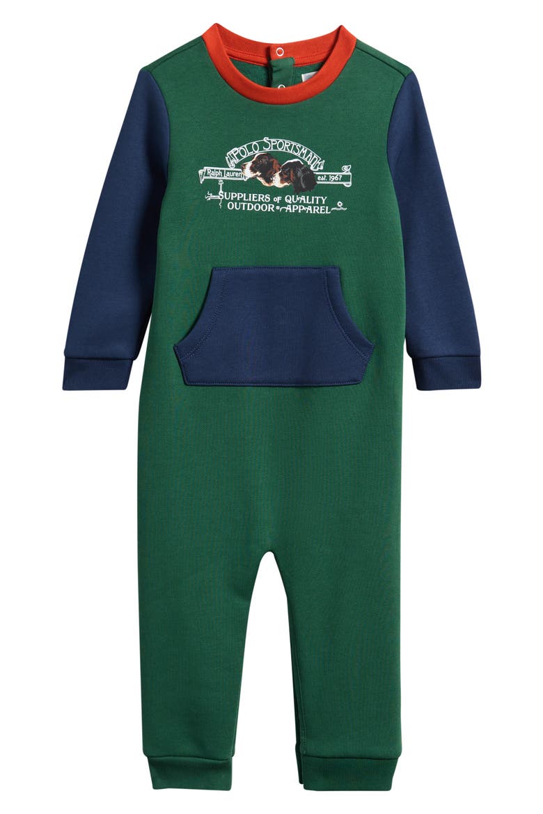 Sportsman Logo Fleece Romper, Main, color, VERANO GREEN MULTI