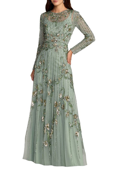 Women's Embellished Long Sleeve A-Line Gown