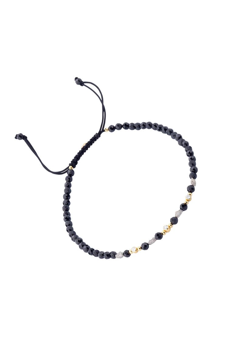 Black Spinel and Raw Diamond Beaded Pull-Cord Bracelet, Main, color, Black