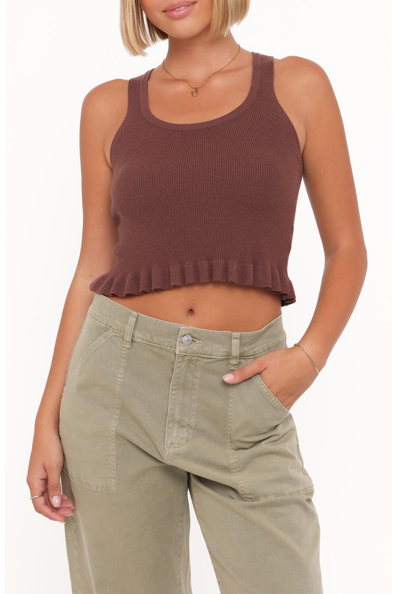 Bernice Ruffle Hem Crop Sweater Tank, Main, color, BROWN