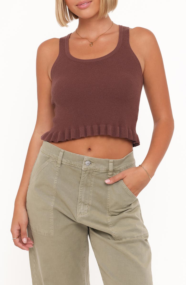 Petal & Pup Bernice Ruffle Hem Crop Sweater Tank, Main, color, Brown