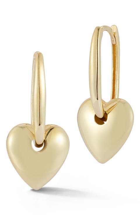 14K Yellow Gold Heart Drop Huggie Hoop Earrings