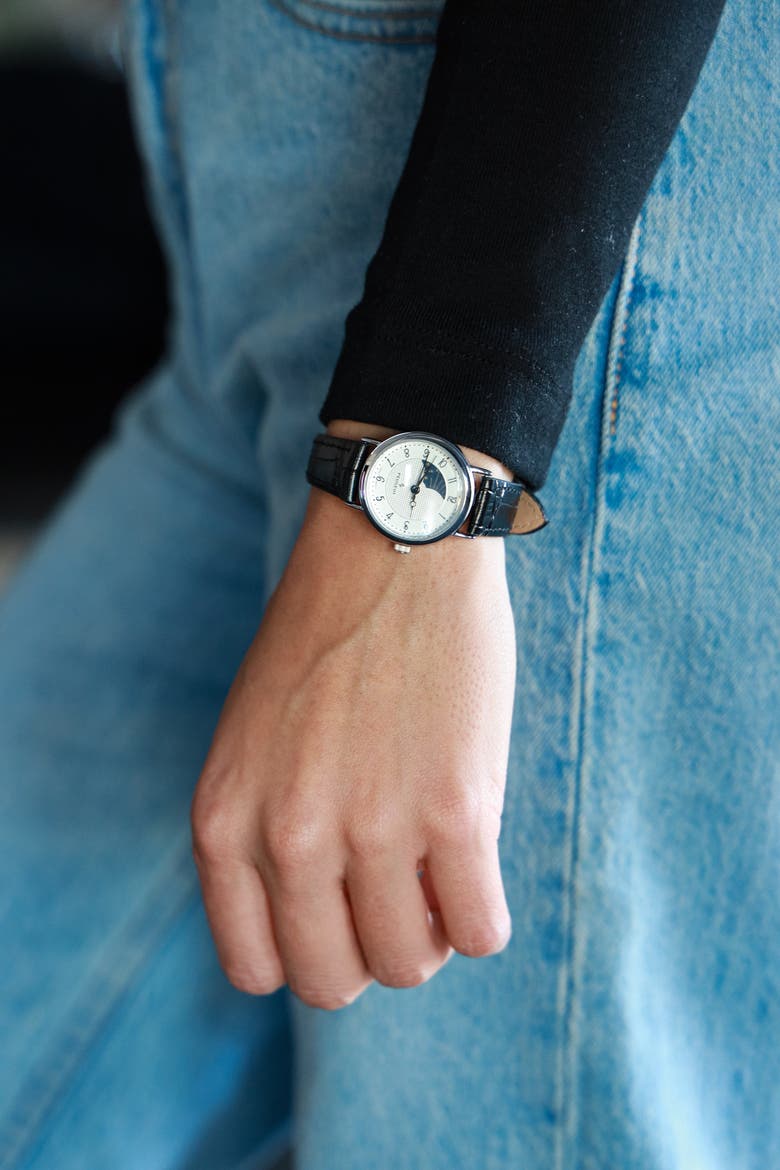 Sun-Moon Round Vintage Leather Watch- 26MM, Alternate, color, Black