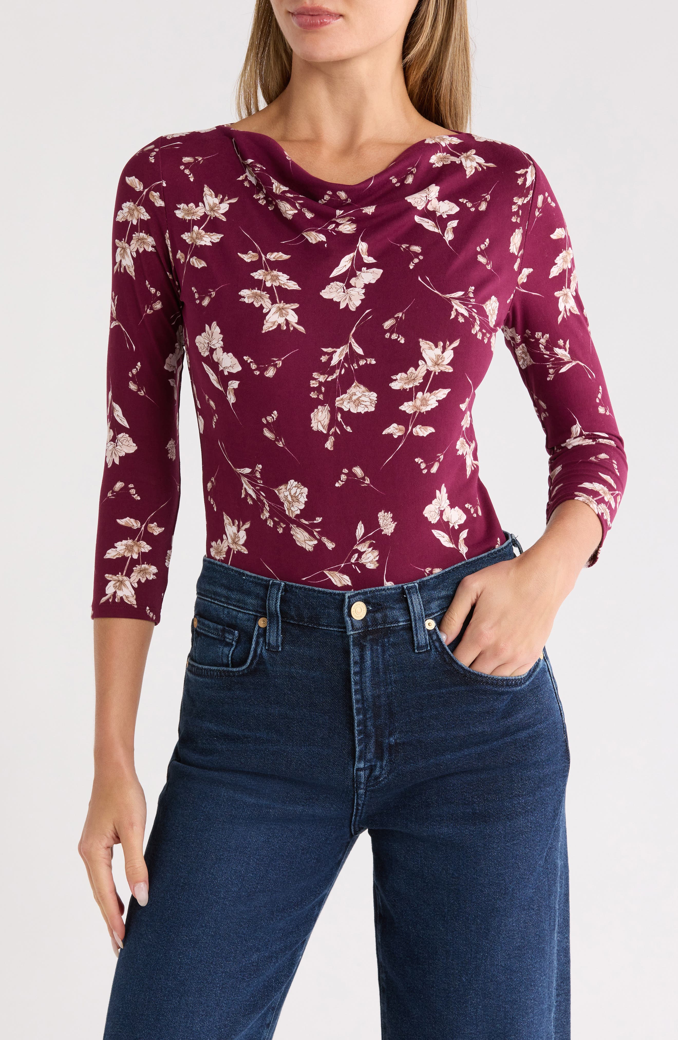 Renee C Floral Cowl Neck Jersey Top