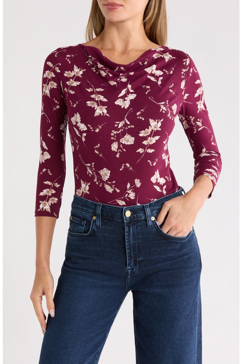 Floral Cowl Neck Jersey Top, Main, color, BURGUNDY