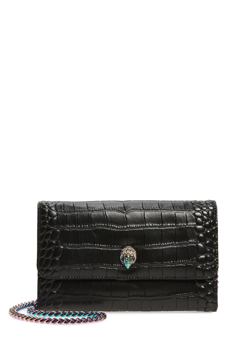 Kensington Croc Embossed Leather Wallet on a Chain, Main, color, BLACK/ OTHER