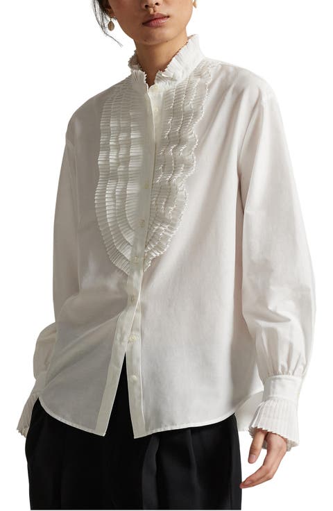 Pleate Bib Cotton & Silk Button-Up Shirt