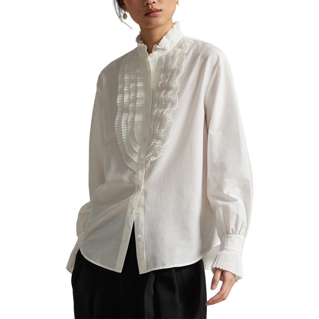 Polo Ralph Lauren Pleate Bib Cotton & Silk Button-up Shirt In White