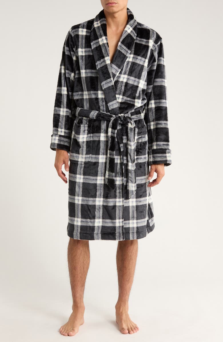 NORDSTROM RACK Patterned Plush Robe, Main, color, Black Bennett Plaid