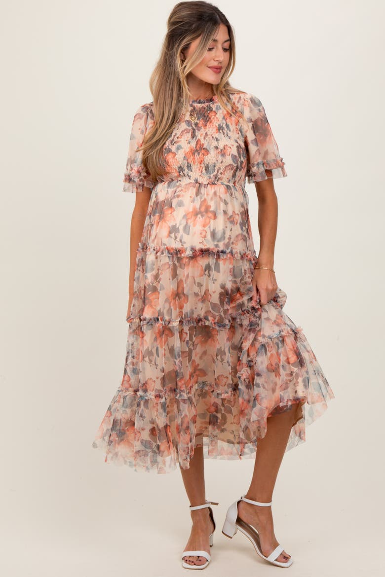 Floral Mesh Smocked Midi Dress, Alternate, color, Peach