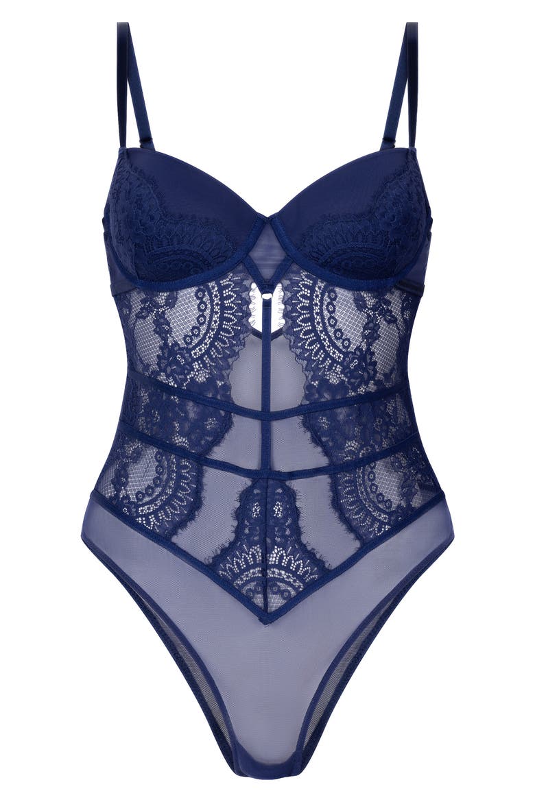 Bronte Underwire Lace & Mesh Teddy, Alternate, color, TWILIGHT BLUE