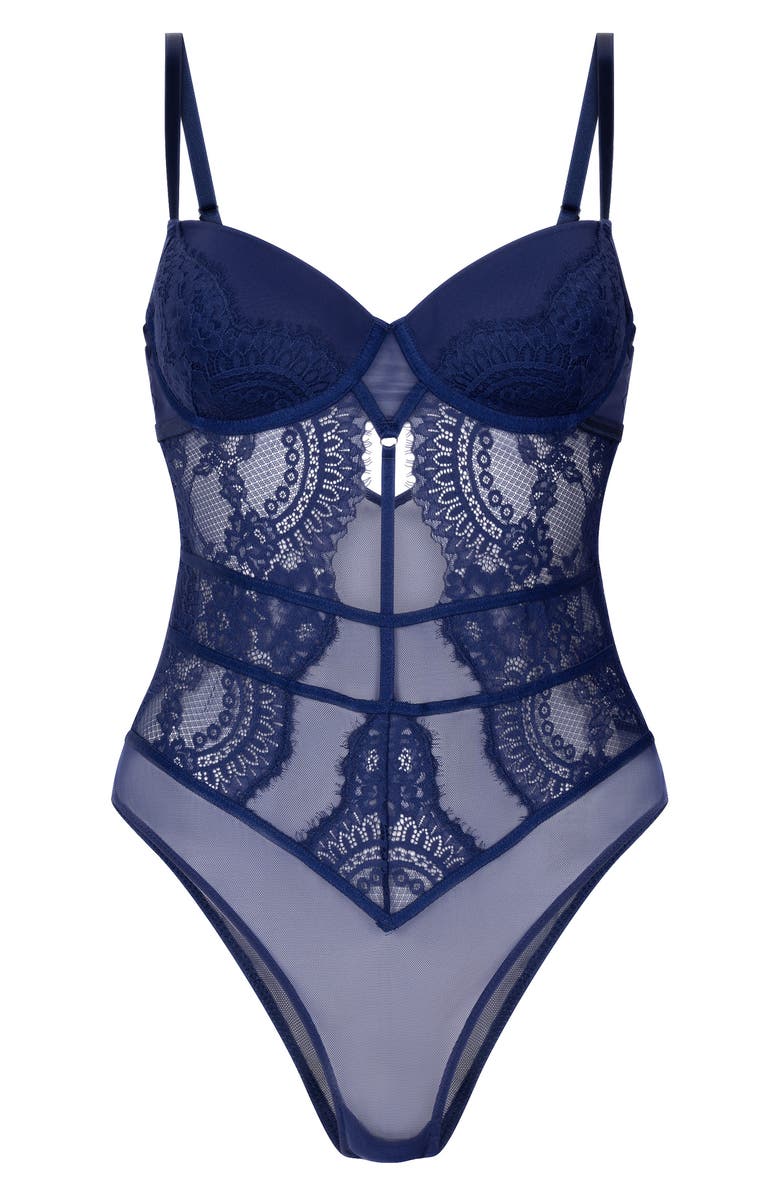 Hunkemöller Bronte Underwire Lace & Mesh Teddy, Alternate, color, Twilight Blue