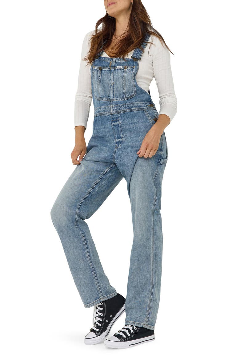 Slim Straight Leg Denim Overalls, Alternate, color, BLUE GLIMMER