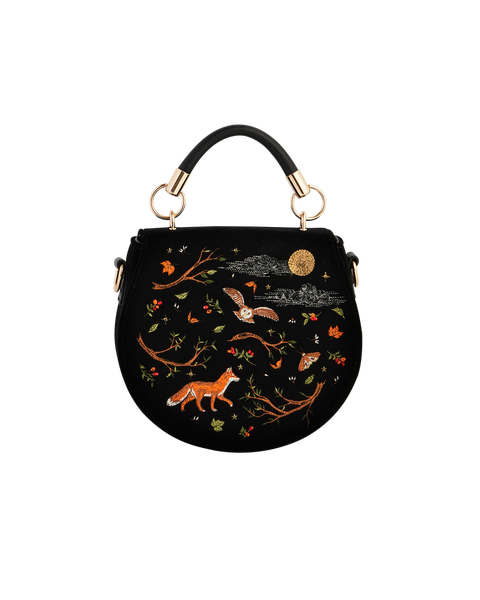 Fox & Owl Embroidered Black Top Handle Saddle Bag