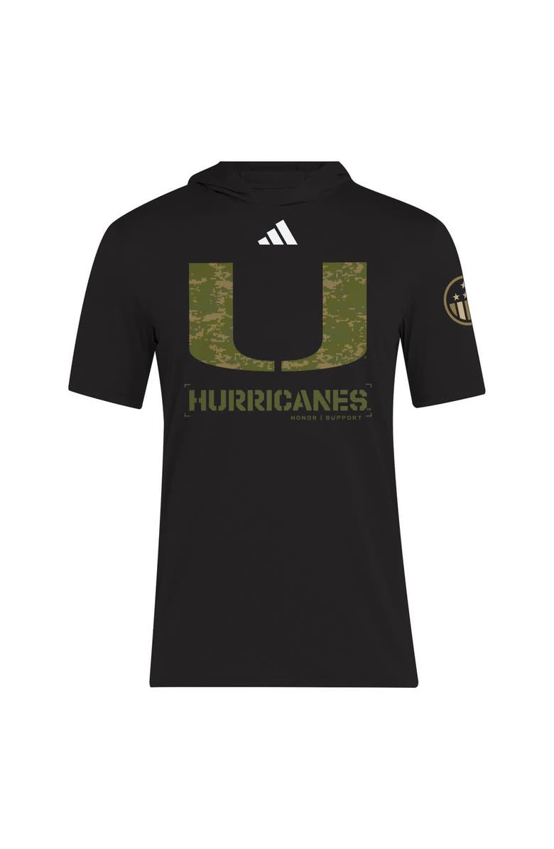 adidas Men's adidas Black Miami Hurricanes 2025 Military Appreciation AEROREADY Hooded T-Shirt, Alternate, color, Black