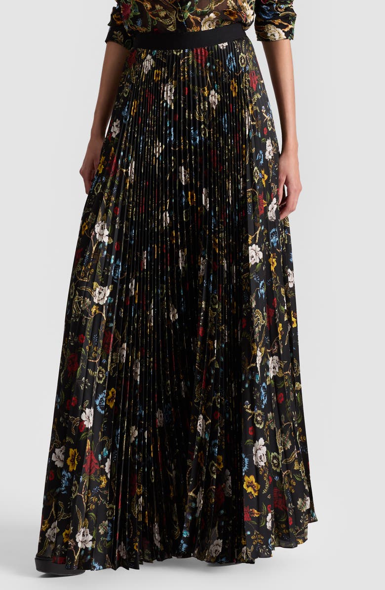 Alice + Olivia Katz Pleated Maxi Skirt, Main, color, Tapestry Trails/ Black