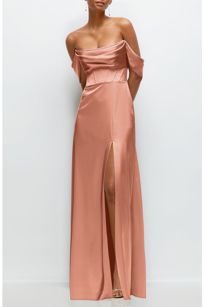 Off the Shoulder Satin Charmeuse Gown with Removable Sleeves, Main, color, COPPER PENNY