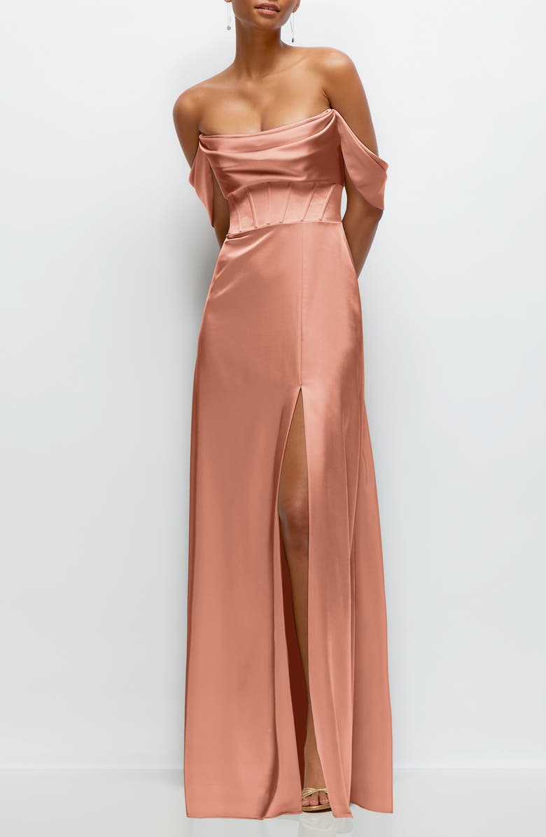 After Six Off the Shoulder Satin Charmeuse Gown with Removable Sleeves, Main, color, Copper Penny