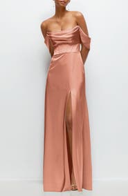 After Six Off the Shoulder Satin Charmeuse Gown with Removable Sleeves