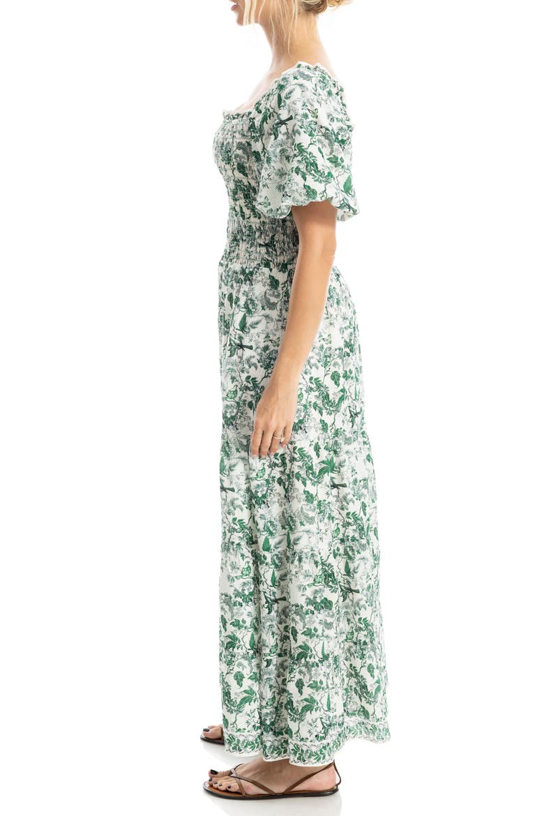 Print Smocked Puff Sleeve Maxi Dress, Alternate, color, CREAM/ GREEN LUSH GARDEN