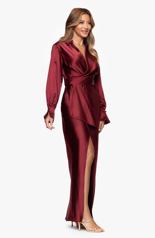 Xscape Evenings Collar Long Sleeve Satin Gown In Burgundy