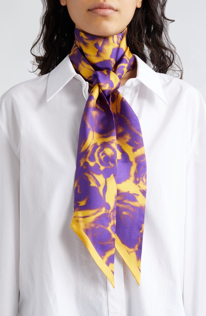 Burberry Rose Print Silk Twilly Scarf, Alternate, color, Royal