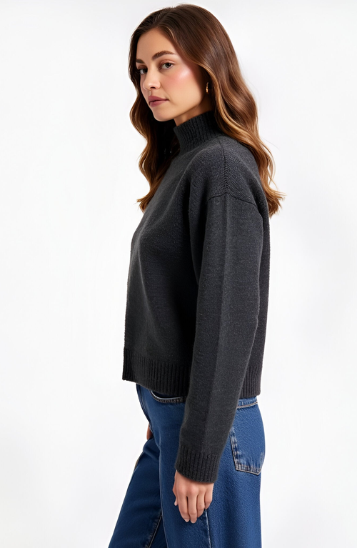 Modenaire Mock Neck Raglan Sleeve Wide Ribbed Hem Sweater In Black