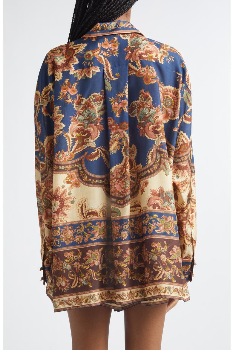 Aster Floral Border Print Silk Shirt, Alternate, color, NAVY JACOBEAN