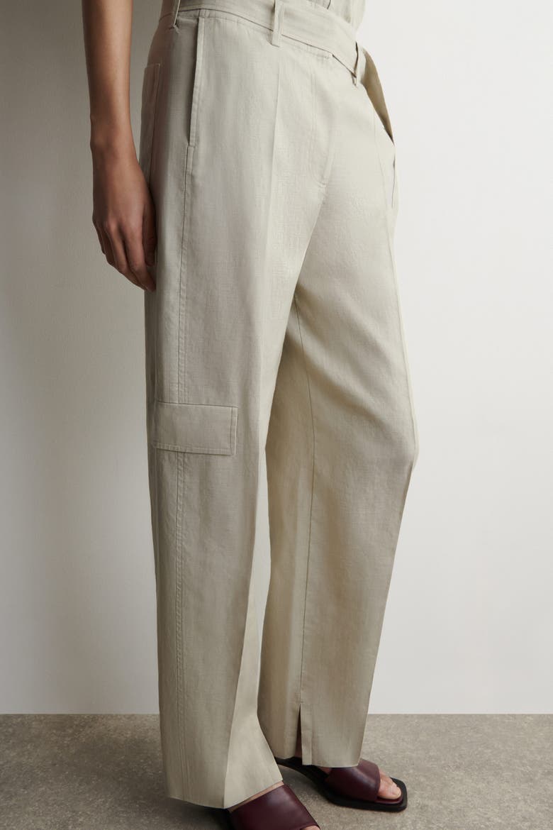 Belted Linen Barrel-Leg Pants, Alternate, color, BEIGE