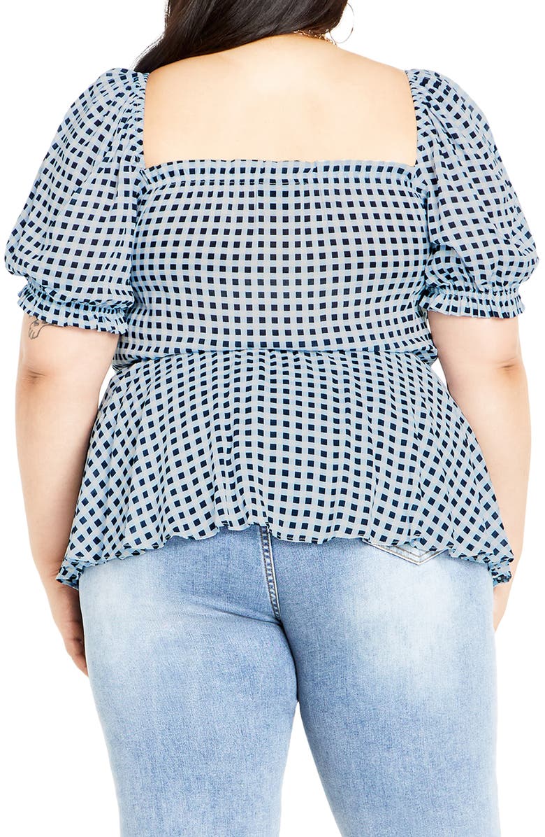 City Chic Isobel Gingham Puff Sleeve Peplum Top, Alternate, color, Navy Check