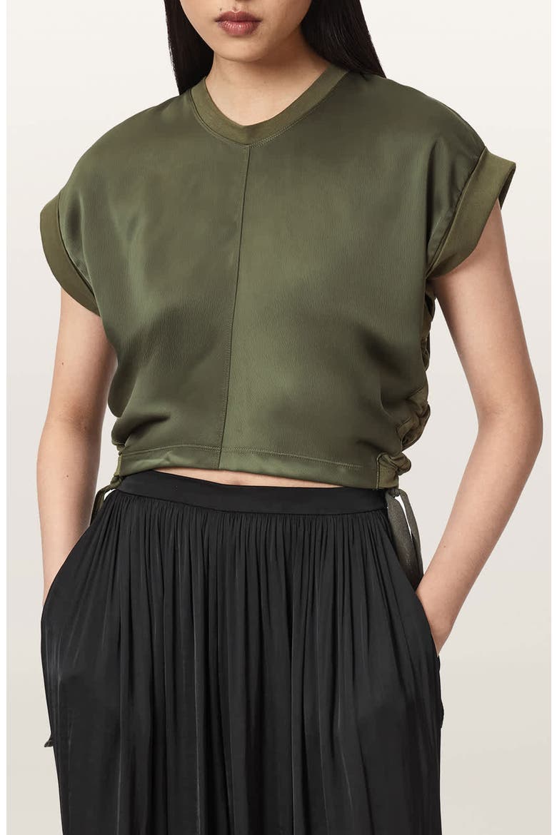Mira Cinched Side Satin T-Shirt, Main, color, WILD GREEN