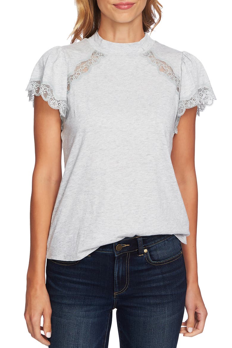 Mock Neck Knit & Lace Top, Main, color, GREY HEATHER