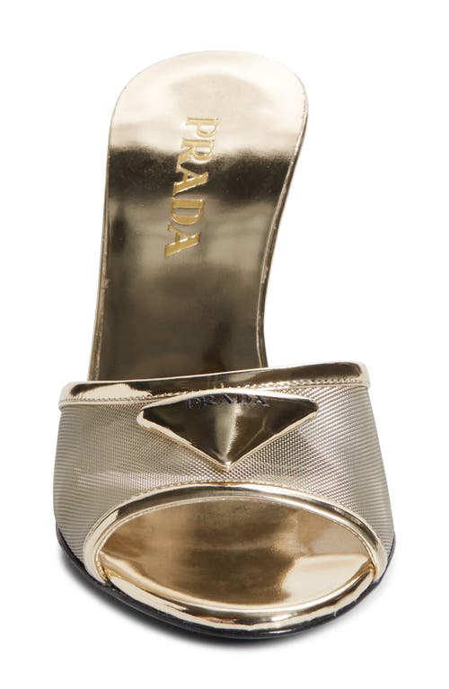 Prada Triangle Logo Mesh Slide Sandal In Gold