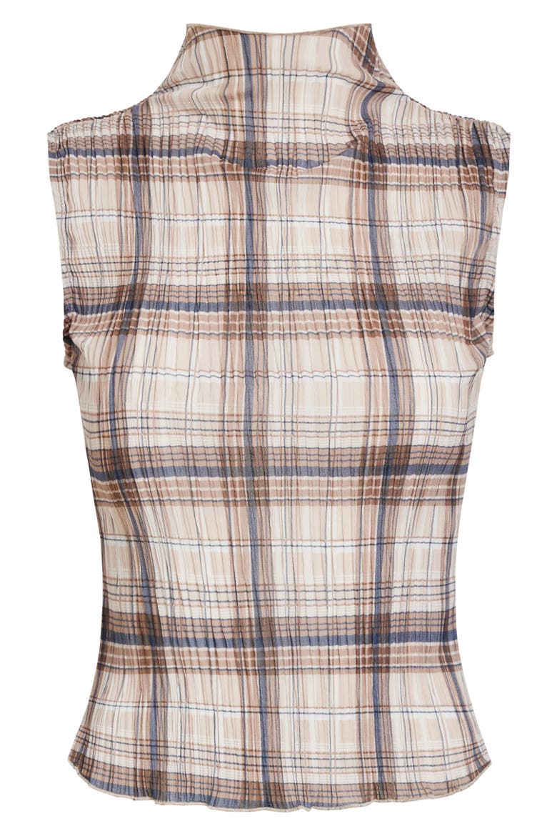 Ford Plaid Funnel Neck Plissé Top, Alternate, color, TAN PLAID