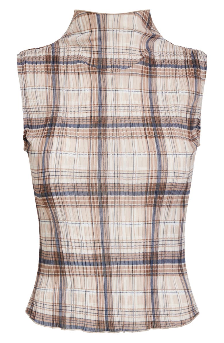 LIONESS Ford Plaid Funnel Neck Plissé Top, Alternate, color, Tan Plaid