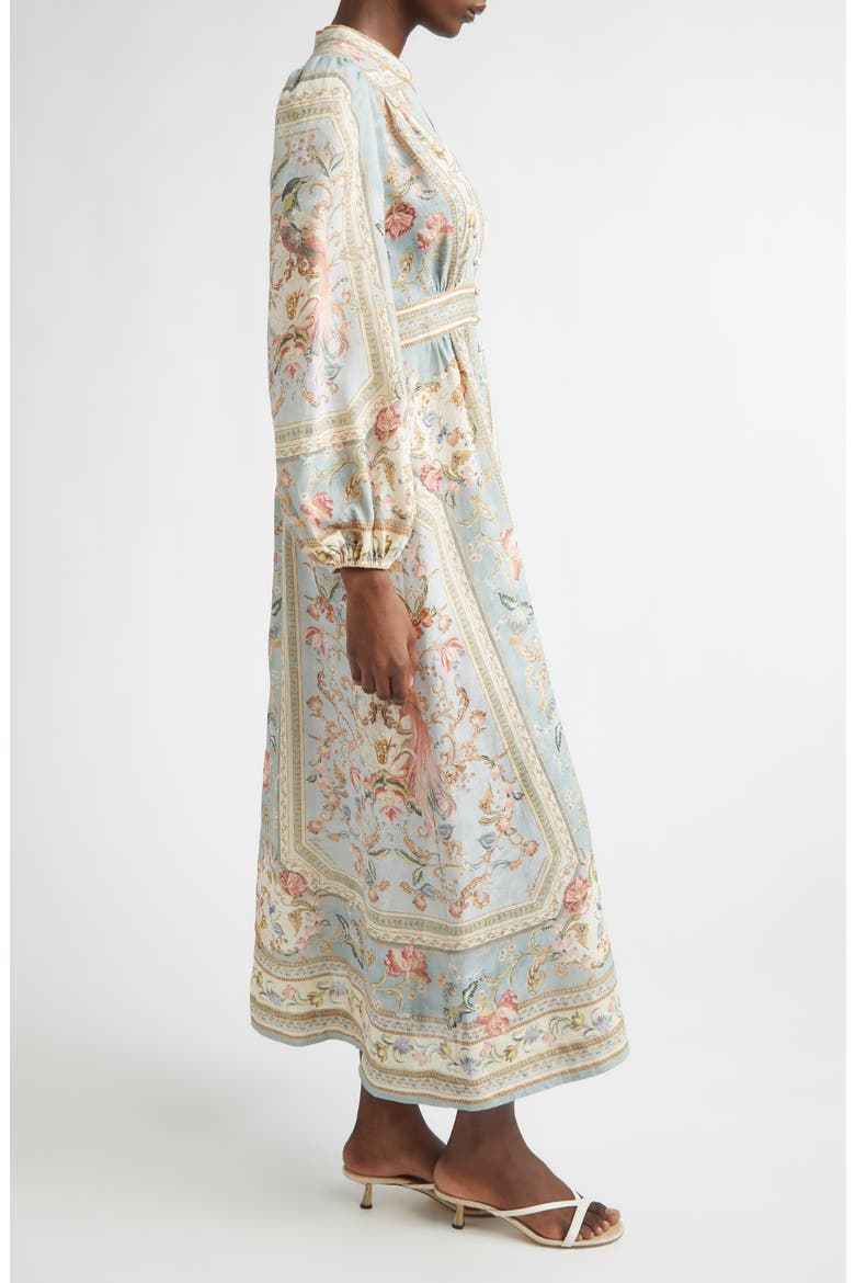 Roselight Plunge Long Sleeve Linen & Silk Midi Dress, Alternate, color, BLUE TAPESTRY FLORAL
