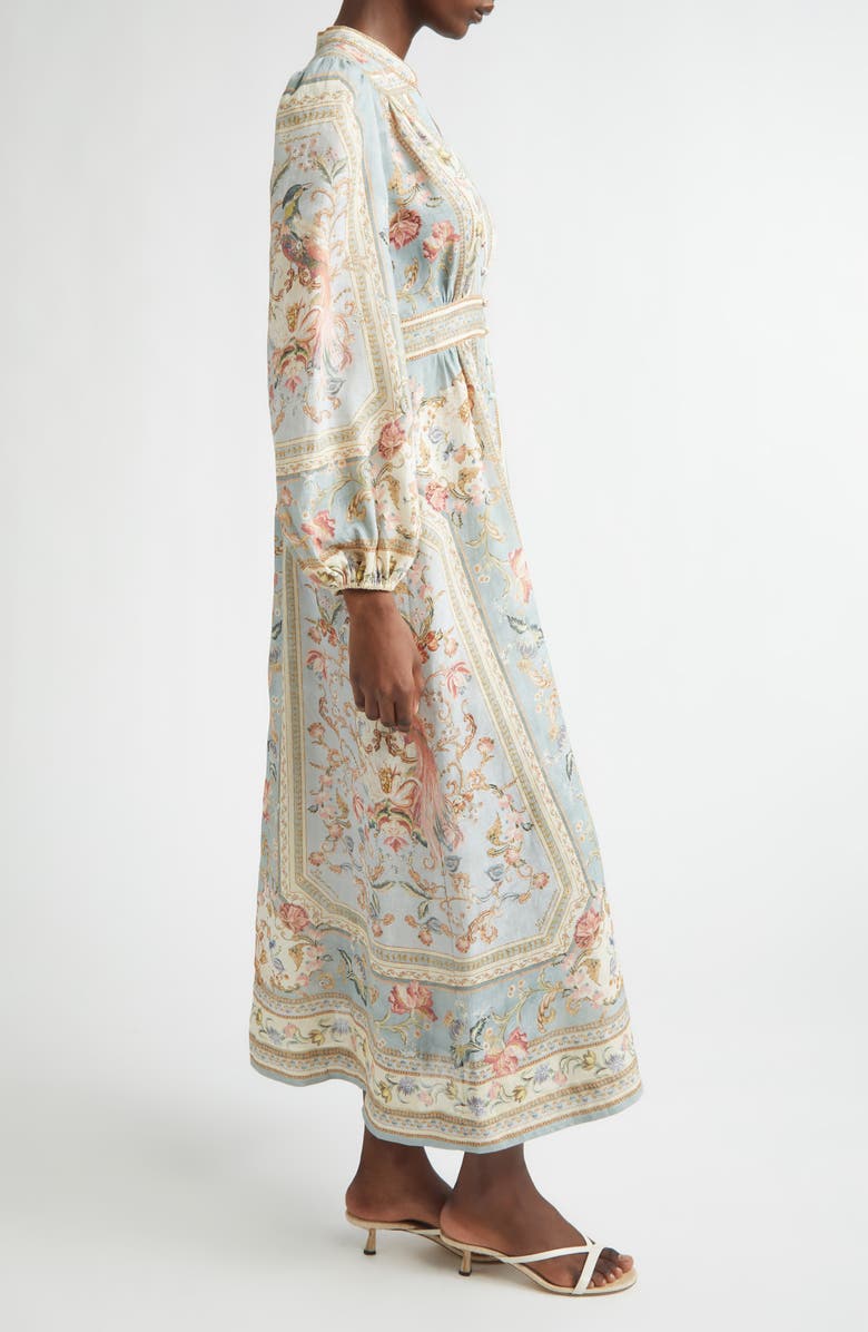 Zimmermann Roselight Plunge Long Sleeve Linen & Silk Midi Dress, Alternate, color, Blue Tapestry Floral