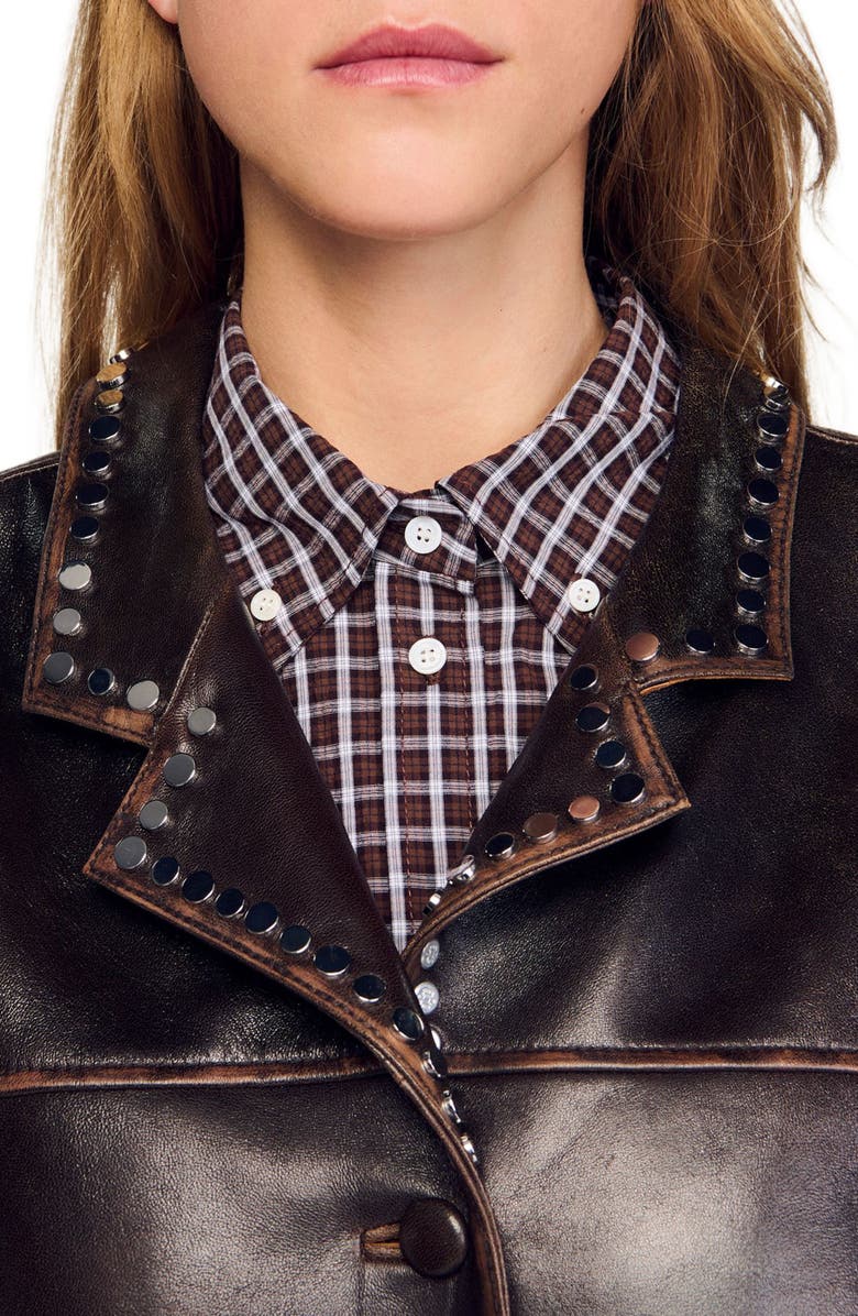 SANDRO Oversized leather jacket with studs, Alternate, color, Brown