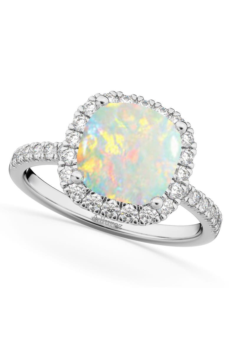 Cushion Cut Halo Opal & Diamond Engagement Ring 14K, Main, color, 3.11ct/White Gold