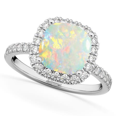 Cushion Cut Halo Opal & Diamond Engagement Ring 14K