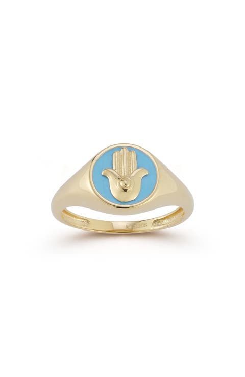 14K Gold Enamel Hamsa Signet Ring